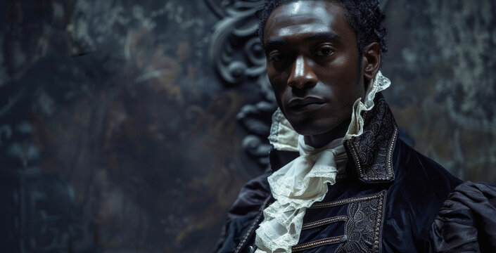 A black man stands stoically against a dark backdrop his romantic attire reminiscent of the Victorian era. The ornate ruffled collar of his shirt and the fitted velvet coat exude a .