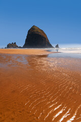 Haystack rock and wet beach at Pacific coast in Oregon state, USA.