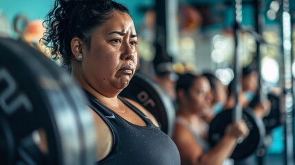 Fototapeta premium a powerful image of fat women lifting weights in a gym, their faces focused and determined, highlighting strength, empowerment, and the challenge of personal goals within a supportive community.