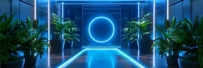 Entrance with Blue Neon Lights and GR - obrazy, fototapety, plakaty
