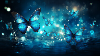 Fototapeta na wymiar Dreamlike Blue Butterflies Hovering Above Water