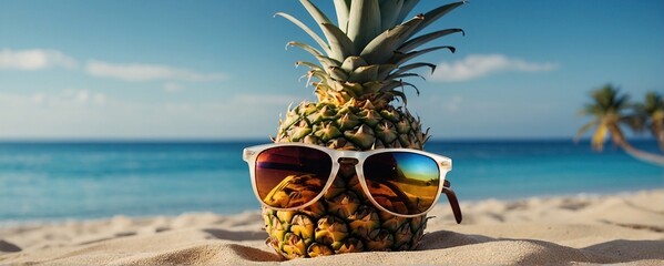 Pineapple with sunglasses resting and drink cocktail on the beach, Summer holiday concept on blue...