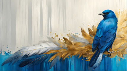 Obraz premium Vintage illustration with feathers, blue and gold brushstrokes. Textured background. Oil on canvas. Modern Art. Grey, wallpaper, poster, card, mural, print, wall art. 