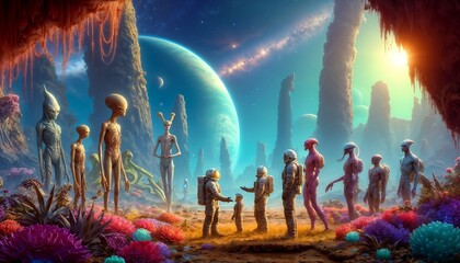 Peaceful First Contact: Human Astronauts and Alien Beings Unite on Exotic Planet - An Intergalactic...