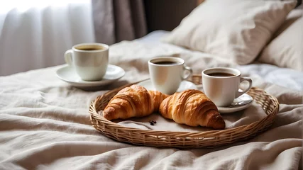 Papier Peint photo Lavable Boulangerie breakfast with coffee and croissant