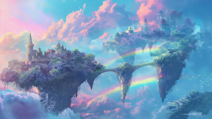 Fantasy castle on floating islands with rainbow and clouds.