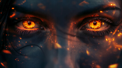 Intense fiery eyes close-up with embers and dark surroundings.