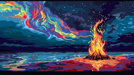 A pop art rendition of a bonfire on the beach, with exaggerated flames, stylized smoke swirling...