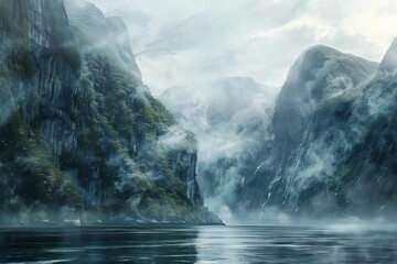 Majestic Fjord Landscape with Steep Cliffs and Misty River, Fantasy Foggy Scenery Inspired by Doubtful Sound, New Zealand, Digital Painting - obrazy, fototapety, plakaty