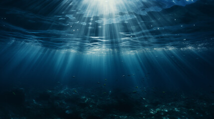 Fototapeta na wymiar Sunlight Piercing Ocean Depths with Fish Silhouettes