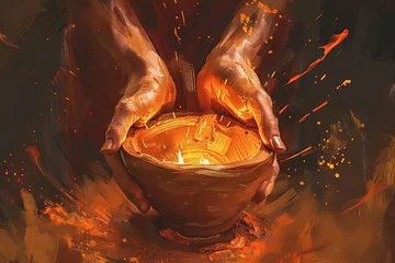 Fotobehang God's Hands Shaping a Potter's Clay Vessel, Spiritual Metaphor for Divine Guidance and Creation, Digital Illustration © Lucija