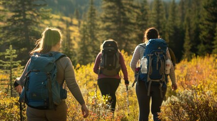 a spirited hiking adventure where fat women traverse beautiful landscapes, their laughter and conversations echoing as they navigate trails, embodying adventure, camaraderie