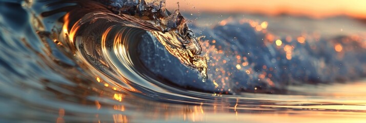 the tranquil moment of a single wave curling gracefully, about to break, with the sun reflecting off its crest, creating a spectrum of colors within the water. - obrazy, fototapety, plakaty