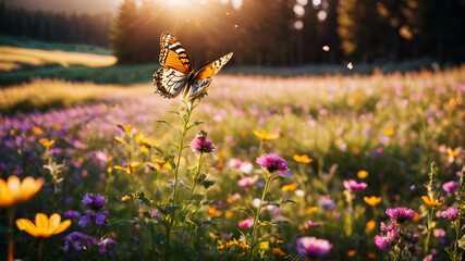 A vast meadow bathed in golden sunlight, dotted with vibrant wildflowers swaying gently in the breeze. Butterflies flutter lazily amidst the colorful blooms, while distant birdsong fills the air with 