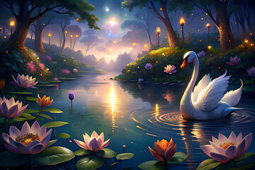 swans on the lake generative Ai - obrazy, fototapety, plakaty