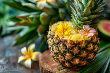 Close-up of a pineapple cocktail served in its hollowed-out shell, decorated with tropical flowers