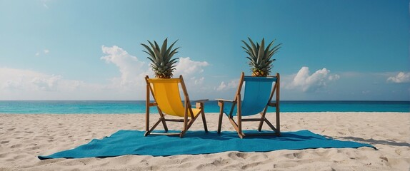 Summer beach concept, chair with ring floating and pineapple on blue background