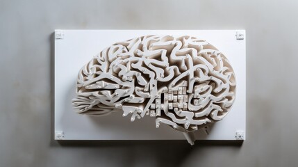 top view of brain model near white card with omicron lettering and bacteria on grey background