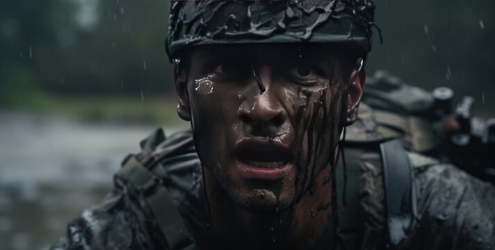 Closeup photo of an infantry soldier with equipment gun , camouflage forest military army on blur warzone background. Soldier's face covered in mud. Resilience, anger, sad, fear and bravery. Cinematic