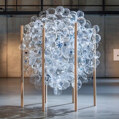 Interconnected Plastic Bottle Installation on Recycled Timber Stand Embodying Collective Consciousness and Responsibility Generative ai