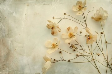 Pressed flower texture, delicate botanical details, faded vintage feel
