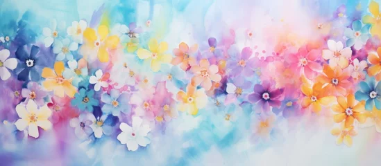 Stoff pro Meter Vibrant painting depicting a beautiful field filled with an array of colorful flowers in bloom under a clear blue sky © AkuAku