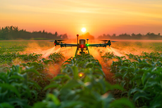 drone carrying out agricultural spraying at dawn