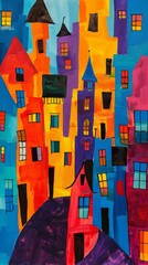 Vibrant geometric cityscape, buildings in bold primary colors, whimsical perspective