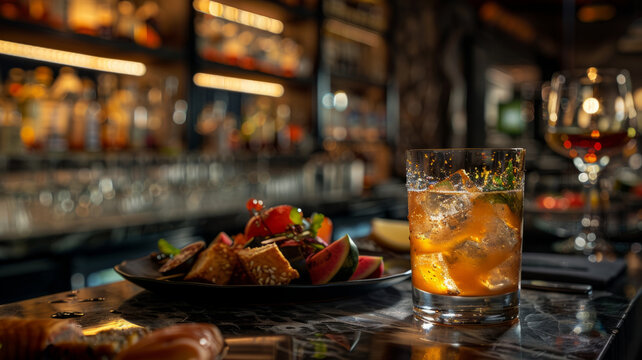 Whiskey on rocks at a bar with tapas - A chilled whiskey glass with a splash next to small tapas dishes, portrayed in a warm, inviting bar atmosphere