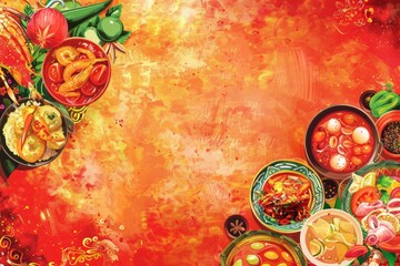 Vibrant Mexican food collage on red backdrop - A colorful composition with a variety of traditional Mexican dishes artfully arranged on a festive red background