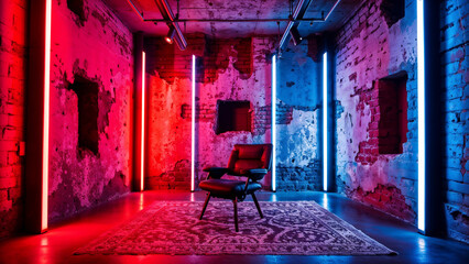 Photo studio with vibrant neon lights and rustic weathered brick walls. Contemporary art.
