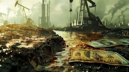 Polluted Landscape with Oil and Dollar Bills - A dystopian scene where a landscape is polluted with oil and scattered with dollar bills, symbolizing decay