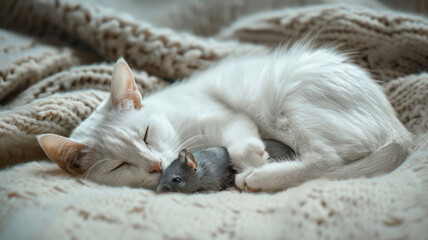White cat cuddling with a small rat - A heartwarming image of a white cat peacefully sleeping while embracing a tiny gray rat on a knitted blanket