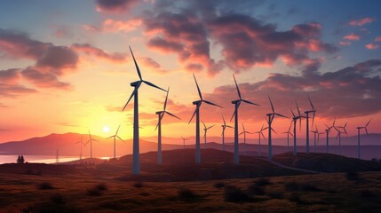 Wind generator turbines sihouettes on sunset ,a beautiful view for visiter with sunset - Powered by Adobe