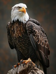 Obraz premium Majestic bald eagle on perch close-up - A powerful bald eagle perched, showcasing its sharp beak and intense gaze against a blurred background