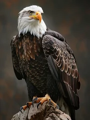 Foto op Plexiglas Majestic bald eagle on perch close-up - A powerful bald eagle perched, showcasing its sharp beak and intense gaze against a blurred background © Tida
