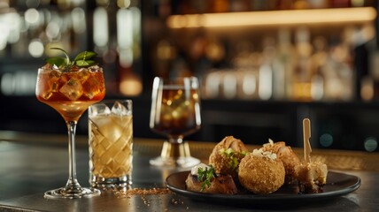 Assorted cocktails and appetizers on bar - A selection of gourmet appetizers and crafted cocktails elegantly displayed on a bar setting