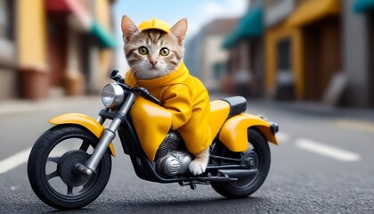 The smallest mouse in the world, A super mini kitten, This cat is a takeaway worker, has beautiful eyes, wearing a yellow takeaway costume, riding a motorcycle, road background, anthropomorphic, photo