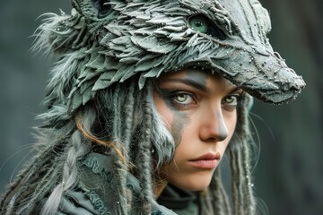 Mysterious Woman with Intense Gaze Wearing Exotic Feathered Costume in a Dark Fantasy Setting