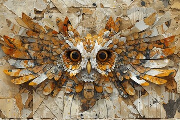 Intricate Owl Collage Artwork on Textured Background, Abstract Ornate Bird Illustration, Mixed Media Art with Natural Elements