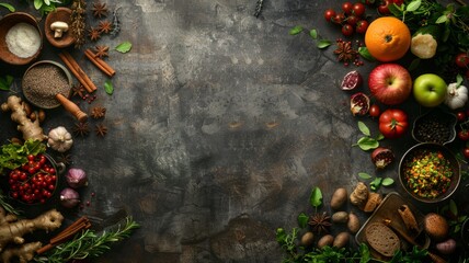 Obraz na płótnie Canvas Assortment of fresh ingredients on dark surface - A variety of fresh produce and spices artistically displayed on a dark, rustic kitchen backdrop, evoking culinary creativity