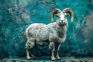 Majestic Ram Standing Proud Against a Textured Turquoise Blue Background in Portrait Style