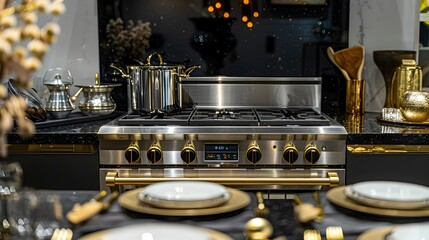 Elegant Dinnerware on Stainless Steel Oven Surrounded by Black Granite Countertops and Gold Accents in a Luxurious Kitchen Setting Generative ai