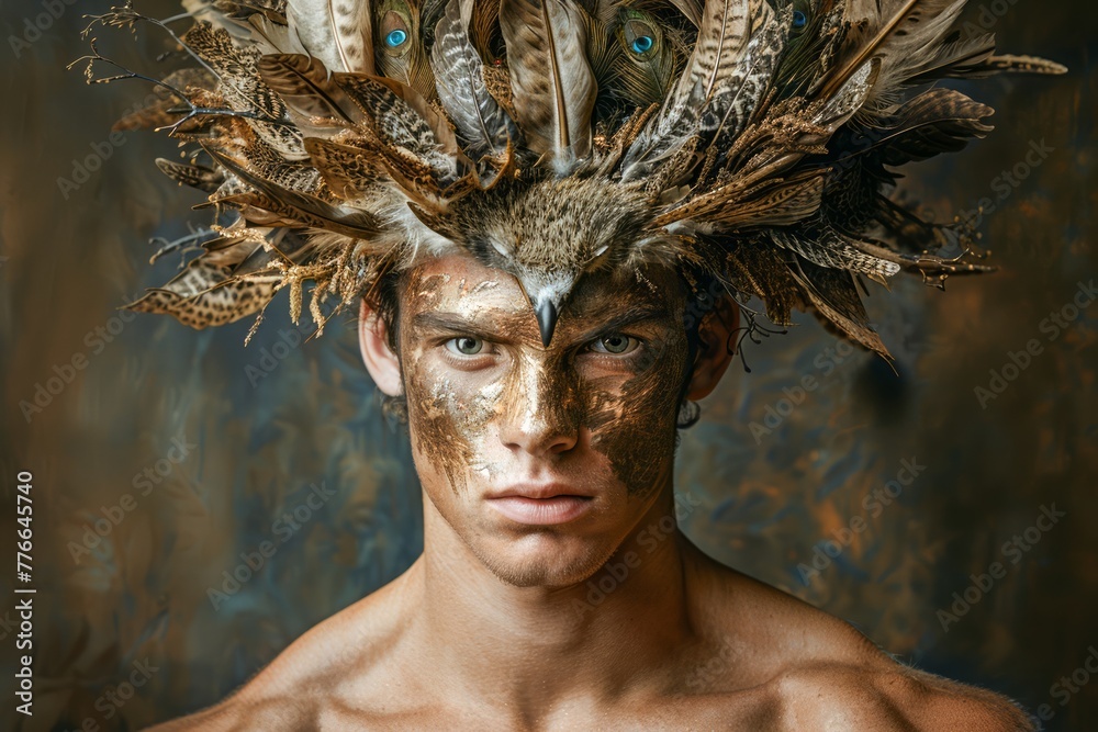 Wall mural mystical young man with peacock feather headdress and tribal body paint against textured background