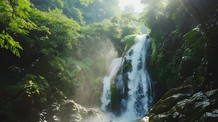 Naklejka na ściany i meble Majestic waterfall among moss-covered rocks. Peaceful nature scenery.