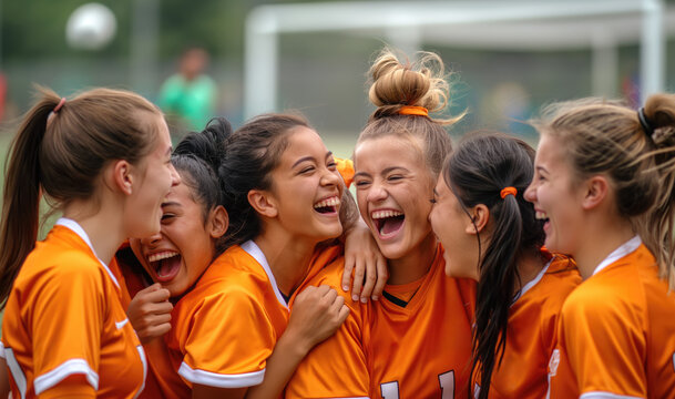Group of young female soccer players celebrating victory