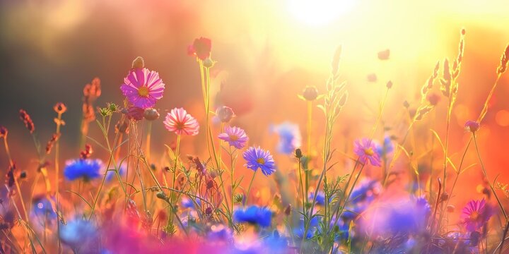 beautiful wild flowers against the background of sunrise. flowering field painted with oil paints,