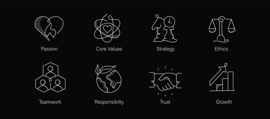 Business Core Values. Corporate values, cultural ethos, ethical standards, guiding principles, organizational culture. Icon Set with Passion, Ethics, Goals, Growth, and More. Editable Stroke.