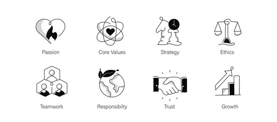 Business Core Values. Corporate values, cultural ethos, ethical standards, guiding principles, organizational culture. Icon Set with Passion, Ethics, Goals, Growth, and More. Editable Stroke.