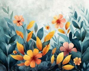 Hand-drawn botanicals in watercolors, blending soft pastels for a serene cover art, Macro Magic, unique hyper-realistic illustrations, geometric shapes